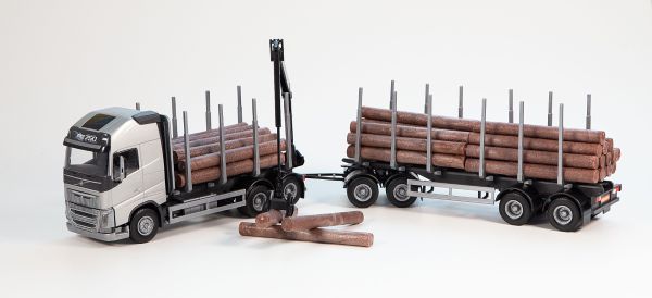 EMEK70301 - Autocarro con cassone ribaltabile VOLVO FH16 6x4 grigio con rimorchio per trasporto legname a 2+2 assi - 1