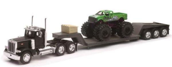 NEW11273 - PETERBILT 379 con pianale ribassato a 3 assi e monster truck verde - 1