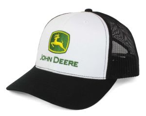 1308-3346-WHBK - Cappellino JOHN DEERE bianco e nero con parte posteriore in rete.