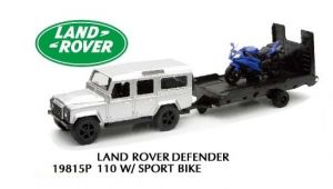 NEW19815F - LAND ROVER Defender 110 con vassoio e moto blu