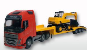 EMEK33755 - VOLVO FH16 6x4 rosso con portamacchine a 3 assi e escavatore LANNEN