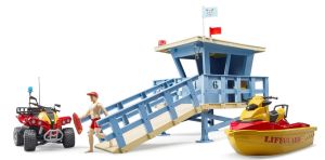 BRU62780 - Capanna del bagnino in mare con veicoli e bagnino