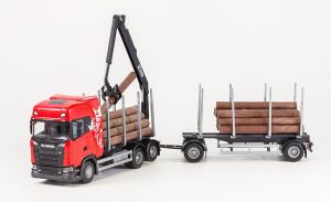 EMEK70675 - Autocarro SCANIA S730 6x4 rosso con rimorchio per trasporto legname a 1+1 assi