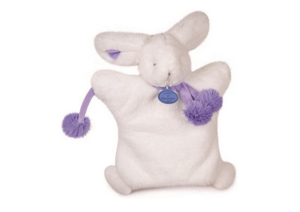 DC2742BVIO - Burattino Coniglio Pompon Bianco e Viola 25 cm