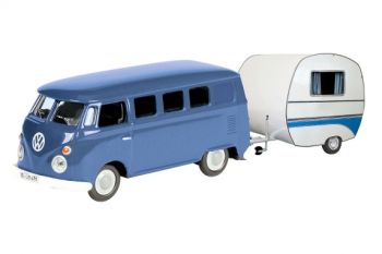 SCH26105 - Autobus VW T1 "Blu e bianco" con roulotte "Bianco e blu".