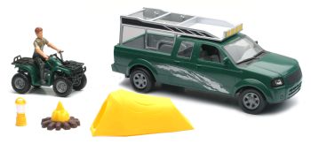 NEW37385A - Scatola con un Pick-up verde; un personaggio; un quad e accessori Scala: 1/18