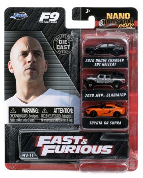 JAD32481 - 3 Nano Veicoli - DODGE Charger SRT Hellcat Nero 2020 - JEEP Gladiator Grigio 2020 - TOYOTA GR Supra Arancione - FAST and FURIOUS