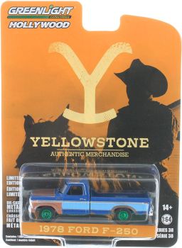 GREEN44980-E_VERT - FORD F-250 1978 Blu con cerchioni verdi della serie TV YELLOWSTONE in blister