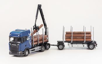EMEK70674 - Autocarro SCANIA S730 6x4 blu con rimorchio per trasporto legname a 1+1 assi