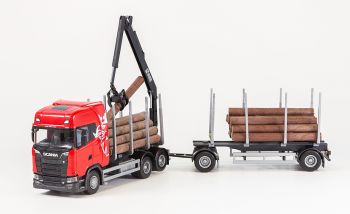 EMEK70675 - Autocarro SCANIA S730 6x4 rosso con rimorchio per trasporto legname a 1+1 assi