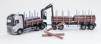 EMEK71301 - Autocarro con cassone ribaltabile VOLVO FH16 6x4 grigio con rimorchio per trasporto legname a 2+2 assi e gru di scarico