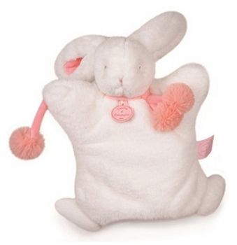 DC2742BC - Marionetta Coniglio Pompon Bianco e Corallo 25 cm