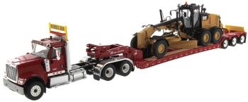 DCM85598 - Rimorchio portamacchina INTERNATIONAL HX520 6x4 rosso e XL120 con livellatrice CATERPILLAR 12M3 inclusa