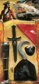 LPE50242B - Kit da pirata con telescopio; uncino; benda sull'occhio; pugnale e benda