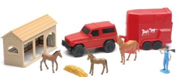 NEW04005C - Cassetta della fattoria con un personaggio; un 4x4; un furgone; cavalli e accessori
