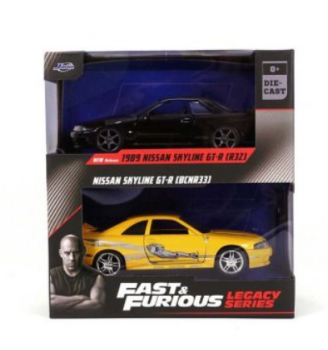 JAD35696 - TWIN PACK - NISSAN Skyline TT-R R32 1989 Nero e NISSAN Skyline GT-R R33 giallo FAST and FURIOUS