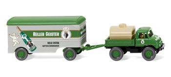 WIK037106 - MERCEDES UNIMOG U406 4x2 con pianale caricato con un serbatoio e il suo rimorchio a cassone rigido 2 assi Keller Geister